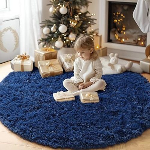 PAGISOFE Round Rugs 5Ft,Fluffy Blue Rugs for Bedroom Living Room,Furry Rug for Girls Boys Room,Fuzzy Rug for Nursery,Circle Rug for Kids Room,Shag Carpet Rug for Playroom,Cute Rug for Baby Navy