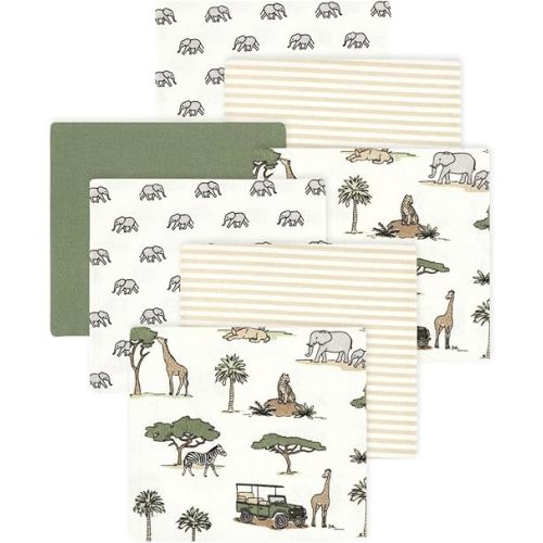 Little Treasure Hudson Baby Cotton Poly Flannel Receiving Blankets Multipack, Green Going On Safari, 30x30 inches
