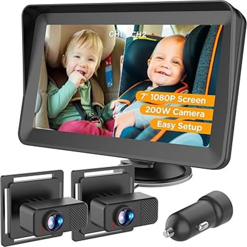 Baby Car Camera for 2 Kids - 7" IPS Split Screen HD 1080P, Dual Cams with IR Night Vision & 150° Wide Angle - USB Powered Easy Install Backseat Monitor for Twins/Siblings Safety