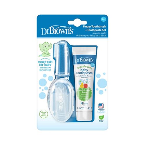 Dr. Brown’s 100% Silicone Baby Finger Toothbrush and Toothpaste Set, 2-Pack Toothbrush with Storage Case, Fluoride-Free Apple Pear Toddler Toothpaste - Finger Toothbrush & Apple Pear Toothpaste