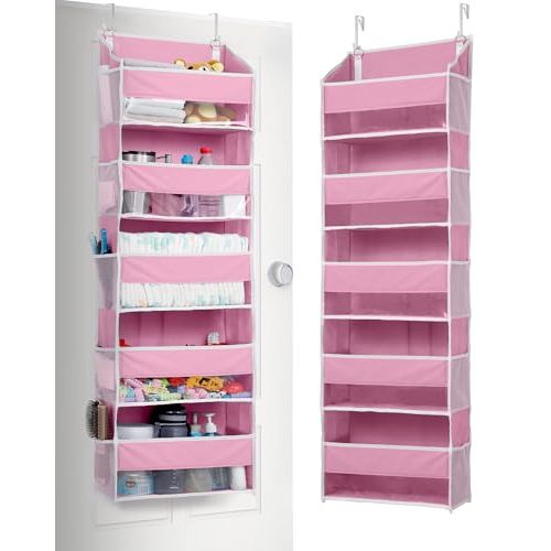 ULG 1 Pack Over Door Organizer with 5 Large Pockets 10 Mesh Side Pockets, 44 lbs Weight Capacity Hanging Storage Organizer with Clear Window Kids Toys, Shoes, Diapers, Pink