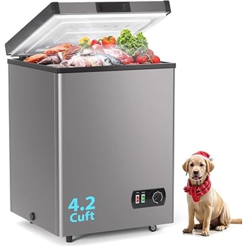 LifePlus Chest Freezer, 4.2 Cubic Feet Small Deep Freezers Top Door with Removable Basket, 7 Temperature Control Energy Saving, Compact Freezer for Home Kitchen Office Dorm Apartment Indoor Use, Grey