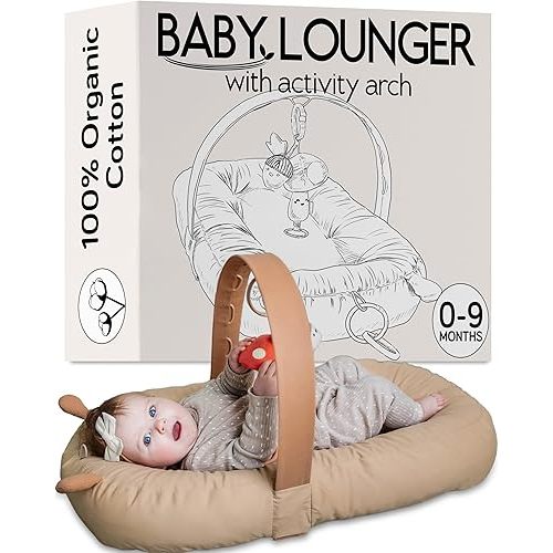 SplashEZ Baby Lounger, Baby Nest & Play Gym, 100% Organic Cotton Breathable & Soft Baby Nest for Newborn, Lightweight & Portable 3D Mesh Pillow for Awake Time (Toys NOT Included)