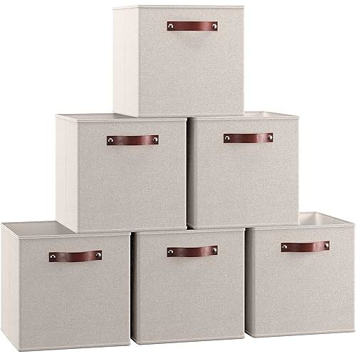 Ornavo Home 13 x 13 Storage Cube Bins, Foldable Collapsible Fabric Storage Bins Box Linen Shelf Basket Cube Organizer for Closet with Leather Handles, 6 Pack, Beige