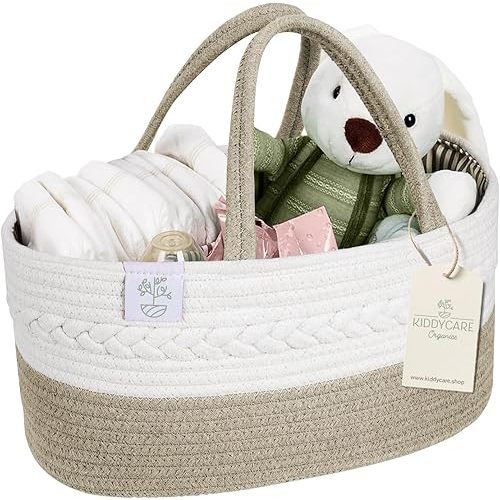 KiddyCare Baby Diaper Caddy Organizer, Cotton Nursery Baby Gift Basket with Handle Lid Baby Caddy Organizer, Portable Baby Basket Diapers & Wipes, Basket for Moms, Wheat Field - Large