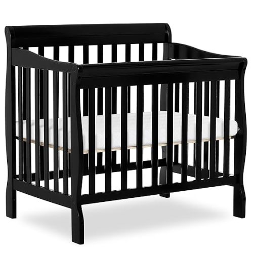 Dream On Me Aden 4-in-1 Convertible Mini Baby Crib in Black, GreenGuard Gold & JPMA, Sustainable Pinewood, Non-Toxic Finish, 3 Mattress Heights, Converts to Mini Day & Twin-Size Bed