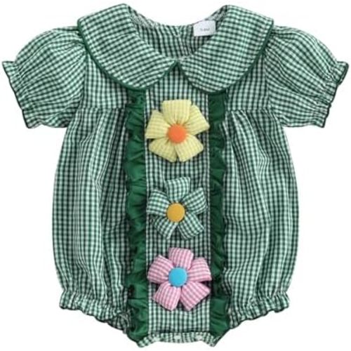 Infant Baby Girls Summer Clothes Short Sleeve Flower Decor Plaid Doll Collar Romper Newborn Girl Spring Playsuit