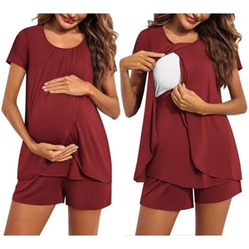 Ekouaer Women's Maternity Nursing Pajamas Set Breastfeeding Sleepwear Double Layer Short Sleeve Top & Shorts Nursing Pjs