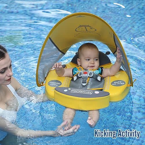 Preself Upgraded Baby Float Non-Inflatable Mambobaby Swim Ring, Infant Soft Solid Swimming Trainer, Baby Pool Float with Removable UPF 50+ UV Sun Protection Canopy