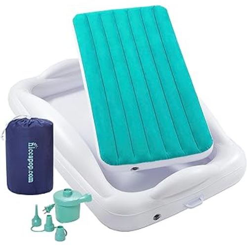 hiccapop Inflatable Toddler Travel Bed with Safety Bumpers [4-Sided] | Portable Toddler Bed for Kids | Toddler Air Mattress | Kids Air Mattress - Teal Blue