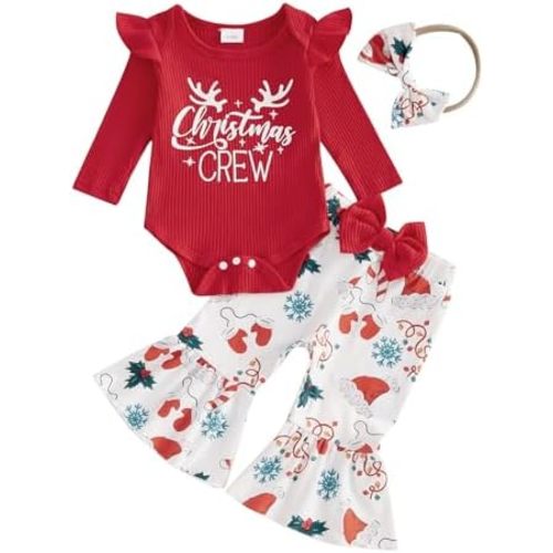 Kuriozud Newborn Baby Girl Bell Bottom Outfit Ruffle Romper Cute Bow Flare Pants Set Headband Cute Clothes