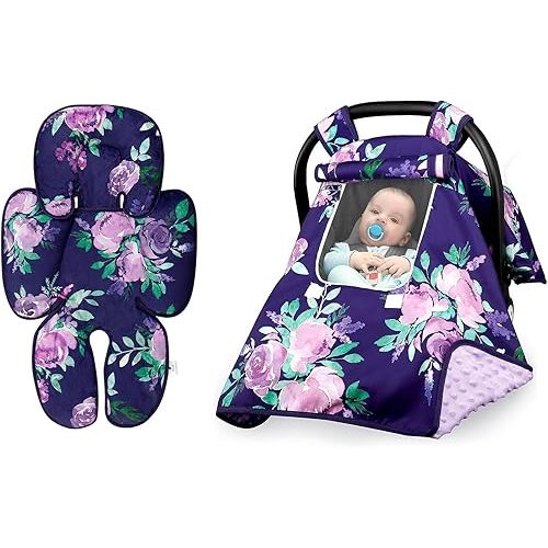 Baby Carseat Cover & Head Support for Girls, Purple Floral Newborn Carseat Canopy with Peep Windows, Infant Car Seat Insert for Stroller, Bouncer, Swing
