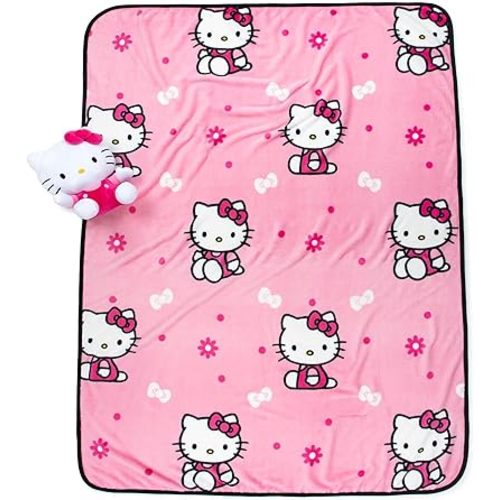 Hello Girly Mini Pillow Buddy and 46 Inch x 60 Inch Super Soft 2 Piece Blanket Set for Kids - Official Hello Kitty Product