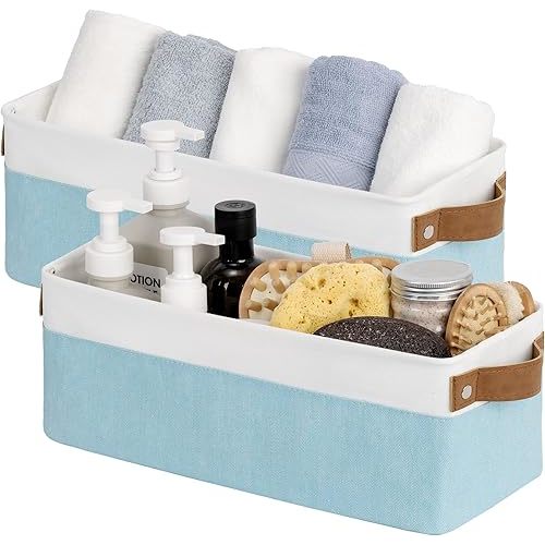 StorageWorks Narrow Storage Bins, Small Basket for Closet and Shelves, Fabric Organizer with Handles, Toilet Paper Storage, Light Blue and White, 2-Pack