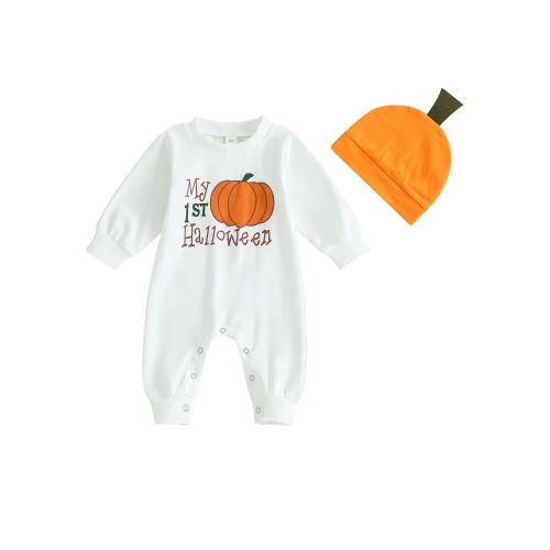 Baby Girls Boys 2Pcs Halloween Clothes Pumpkin Letter Print Long Sleeve Romper with Hat Newborn Fall Jumpsuits Bodysuits