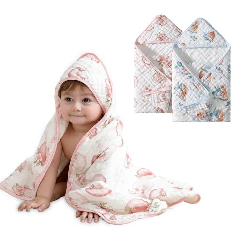 Hooded Baby Towels, 2 Pack 100% Muslin Cotton Baby Bath Towels, Ultra Soft & Highly Absorbent Toddler Beach Towel, Shower Gifts for Babies, Infant, Toddler, 32"x32" (Peach & Watermelon)