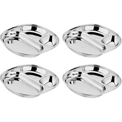 Ahimsa Stainless Steel Plates for Kids - Divided Plates for Toddlers, Pediatrician Designed, Non Toxic Toddler Plate, Camping Plate, BPA Free & Dishwasher Safe (Set of 4)