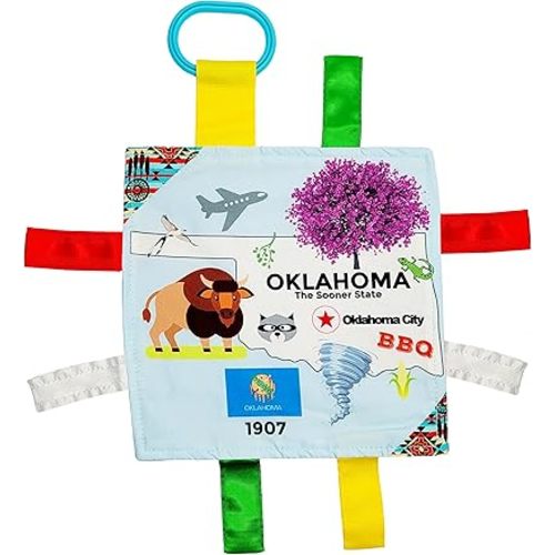 Baby Jack & Co 8x8” Learning Lovey Tag Toys for Babies - Baby Crinkle Toys - Crinkle Toys for Baby - Soft & Safe - Learn USA State Facts - Ideal Baby Toy BPA Free w/Stroller Clip (Oklahoma)