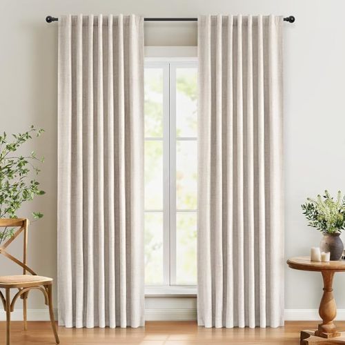 INOVADAY 100% Blackout Curtains 90 Inches Length 2 Panels Set, Back Tab/Rod Pocket Linen Black Out Curtains for Bedroom, Thermal Insulated Window Drapes - Cream, W50 X L90