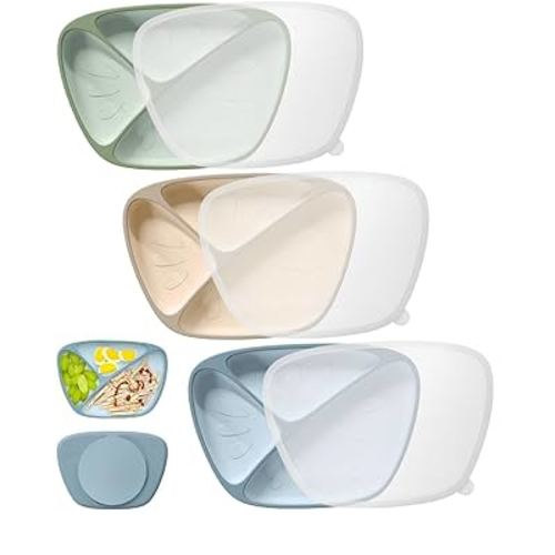 Baby Suction Plates with Lids 3 Pack, Food Grade Silicone Divided Plates for Toddlers Dinner Plate with Cover BPA Free Toddlers Dishes for Baby Feeding, Deeper Design & Dishwasher Safe