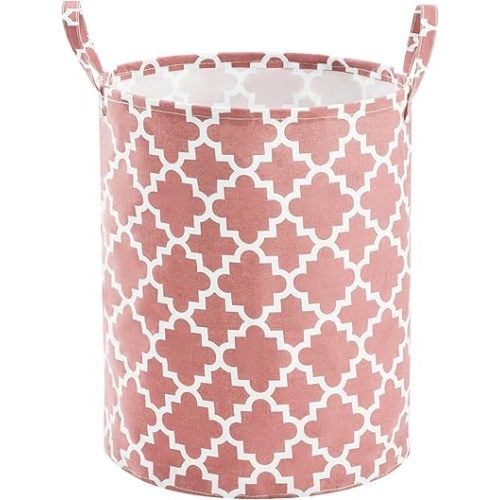 TECHMILLY Large Storage Basket for Girls and Boys, Collapsible Laundry Hamper with Long Handles, Toy Bins for Nursery, Kids Room Décor Pink Geometry