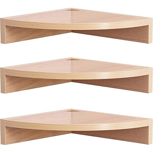 Corner Shelf Wall Mount,Set of 3 Rustic Wood Floating Corner Shelves with Wire Hole 3 Tier Hanging Corner Display Shelf for Bathroom Living Room Kitchen Bedroom(Natural)