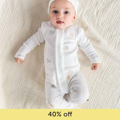 white serene safari organic cotton magnetic parent favorite footie + hat set
