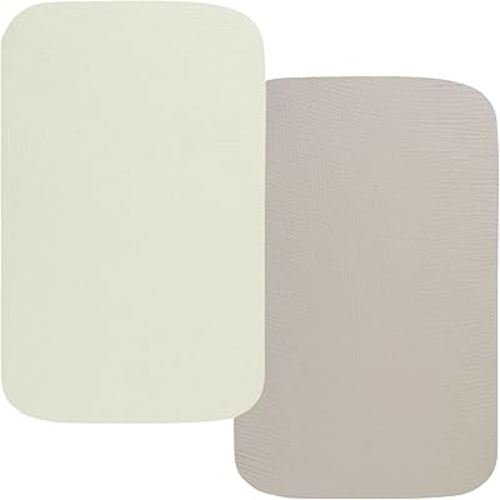 Muslin Bassinet Sheets 35" X 20" Compatiable with AMKE 3 in 1 Bassinets, MiClassic, Uiuwoo, Foalom, YADAQE, Milliard and TCBunny Bassinet, 100% Cotton Breathable and Soft 2 Pack, Fog and Beige