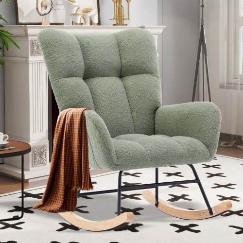 SENCHO GINSYTALIOR Nursery Rocking Chair Teddy Upholstered Glider Rocker,Rocking Accent Chair Padded Seat with High Backrest ,Solid Wood Legs for Nursery Bedroom Living Room(Light Green