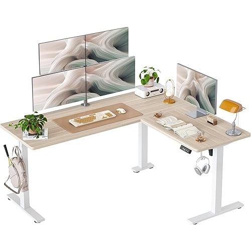 TIQLAB L Shaped Standing Desk Adjustable Height, Electric Corner Standing Desk, 63 x 55 inch Sit Stand Computer Table with Splice Board, Light Walnut