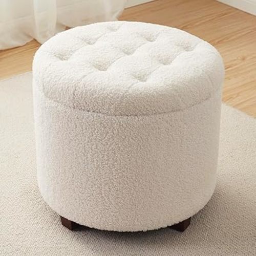 Ornavo Home Decor Round Ottoman with Storage, Round Vanity Chair Stool Ottoman Pouf with Storage for Living Room and Bedroom, Boucle White
