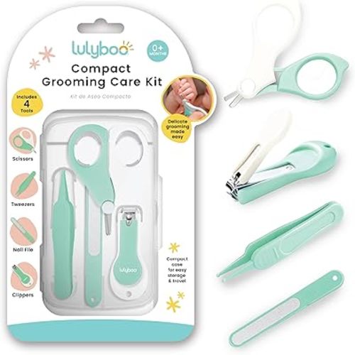 Lulyboo 4-in-1 Newborn Baby Grooming Kit - Compact Travel Case, Stainless Steel Nail Clipper, Rounded-Tip Scissors, Nail File & Baby Tweezers, BPA-Free, Wipe-Clean Exterior, Durable & Portable