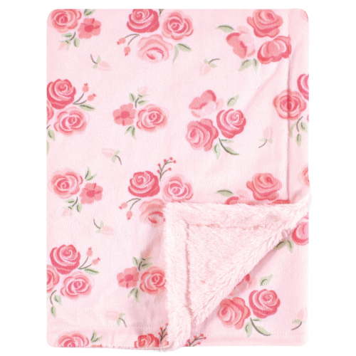 Hudson Baby Infant Girl Plush Blanket with Furry Binding and Back, Blush Rose, One Size
