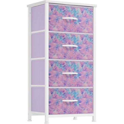 DWVO Dresser with 4 Drawers - Storage Tower Unit, Dresser for Bedroom, Living Room, Closets - Sturdy Steel Frame, Wooden Top & Easy Pull Fabric Bins, Purple