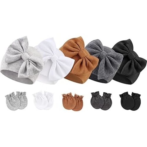BQUBO Newborn Baby Girls Hats Mittens Set Hospital Hat Beanie Infant Bow Hats Baby Cotton Gloves for 0-6 Months