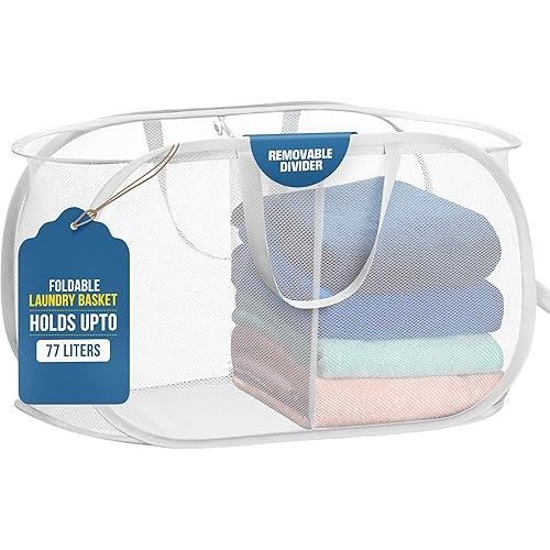 Foldable Laundry Basket - Popup and Collapsible, Durable Mesh Material, Folds for Storage, Easy Carry Handles - Great Hamper for College Dorm, Laundry Room or Travel (White, 2-Compartments)