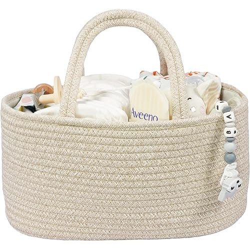 Baby Diaper Caddy Organizer for Girl Boy Cotton Rope Nursery Storage Bin Basket Portable Holder Tote Bag for Changing Table Car Travel Baby Shower Gifts Newborn Registry Must Have Items oatmeal