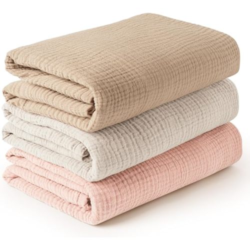 Konssy 3 Pack Muslin Swaddle Blankets for Unisex, Newborn Receiving Blanket, Large 47 x 47 inches, Soft Breathable Muslin Baby Swaddles for Boys & Girls - Pink