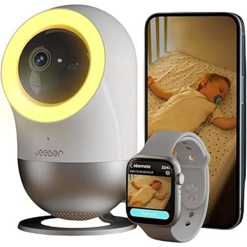 2.5K UHD Baby Monitor WiFi Smartphone, IP Camera Indoor, AI-Tailored Sleep Training, Motion & Cry Detection, Night Light, Real-Time Alerts for Smartwatch (No Subscription)