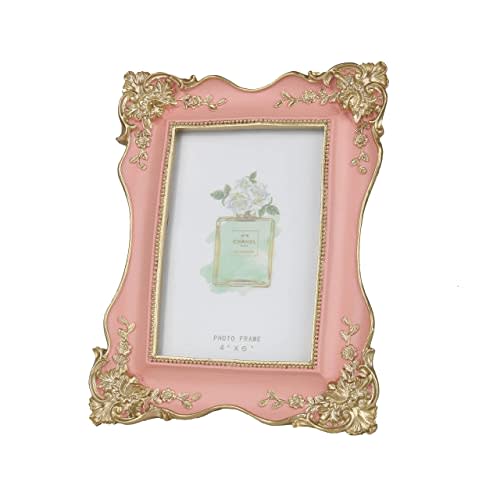 Kaolituis Vintage Picture Frame 4x6 with Gold Trim Antique Tabletop Wall Hanging Photo Frame with Glass Front for Home Decor,Gift Ideas (Pink)