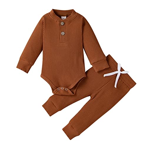 Newborn Baby Boy Girl Clothes Ribbed Knitted Cotton Long Sleeve Romper Long Pants Solid Color Fall Winter Outfits