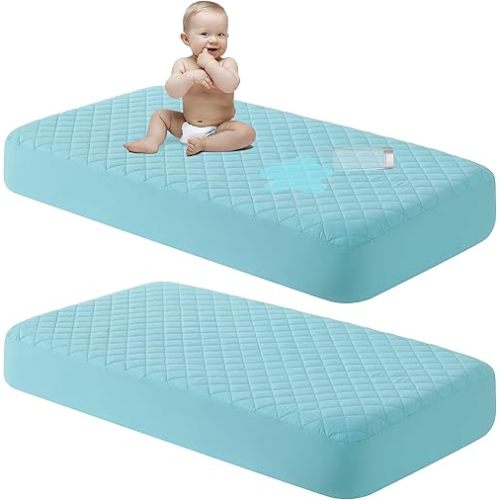NTBAY 2 Pack Waterproof Mini Crib Mattress Protector, Quilted 24"x38" Fitted Mattress Cover - Machine Washable - Soft and Breathable Baby Mattress Pad Sheet for Mini Crib and Baby Playards, Aqua