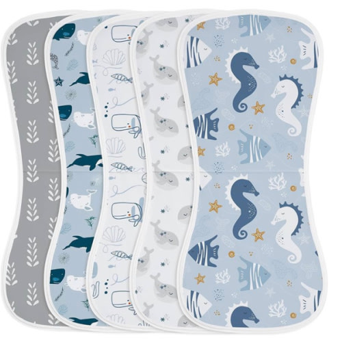 Yoofoss Baby Burp Cloths 100% Organic Cotton 5 Pack Burping Cloths for Babies Boys Girls Large 21''X10'' Extra Soft and Absorbent Ocean