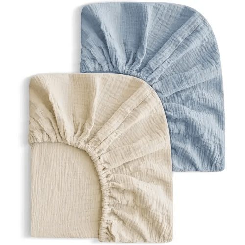 2 Pack Soft Muslin Baby Mini Crib Sheets, 100% Cotton Breathable Double Layer Fitted Sheets for Mini Crib and Pack N Play Mattresses 24x38 Inches, for Baby Girls and Boys (Beige & Grey