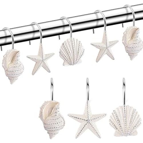 Seashell Shower Curtain Hooks,12PCS Anti Rust Decorative Resin Hooks for Bathroom, Baby Room, Bedroom, Living Room Decor (White Seashell)