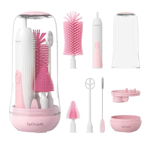 TpChapNi Electric Travel Baby Bottle Brush Set, Electric Bottle Brush Cleaner, Silicone Bottle, Nipple and Straw Brush, Stirring Disperser, Drainage Rack, Storage Box (Pink)