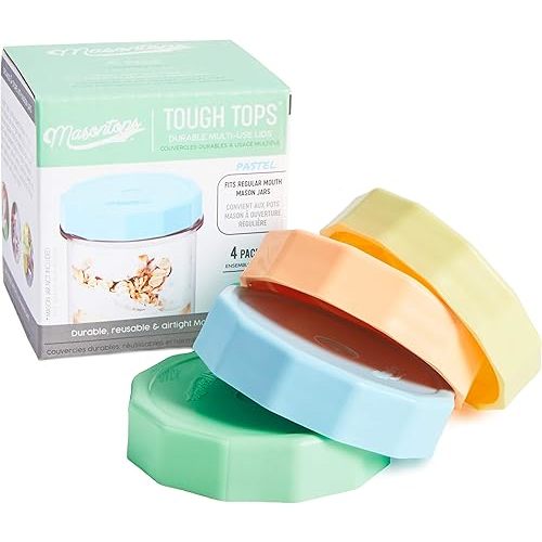 Masontops Tough Tops - Ball Regular Mouth Mason Jar Lids Plastic Leakproof - BPA-Free Multi Colored Plastic Mason Jar Lids - Reusable Dry Canning Lids fit Ball Jars (Ball Mason Jars not included)