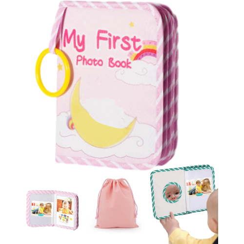 My First Baby Photo Book with Safe Mirror - Soft Fabric Baby Memory Album Holds 4x6 & 5x7 Photos, Baby Shower Gift for Newborns and Infants