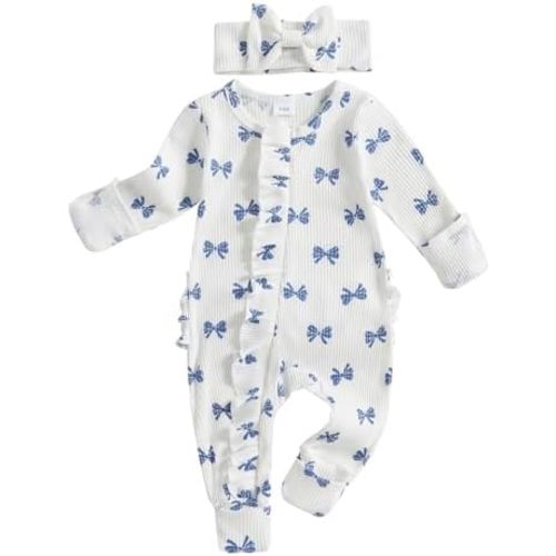 Baby Girl Newborn Clothes Fall Winter Hospital Coming Home Outfit Bow Long Sleeve Romper Zipper Onesie Jumpsuit