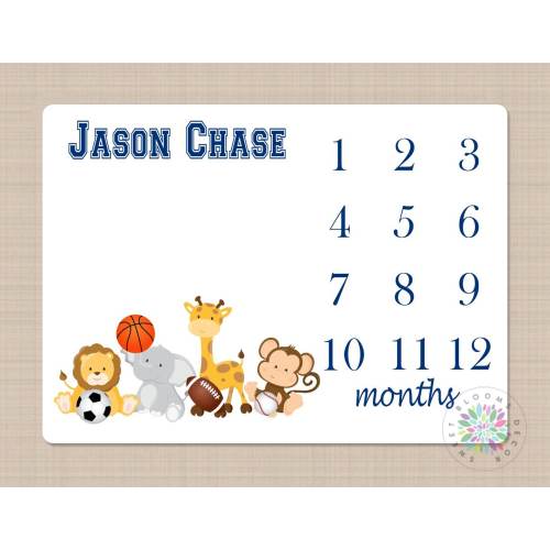 Animals Sports Milestone Blanket, Safari Animals Baby Boy Sports, Monthly Growth Tracker, Sports Balls Blanket, Baby Shower Gift B143